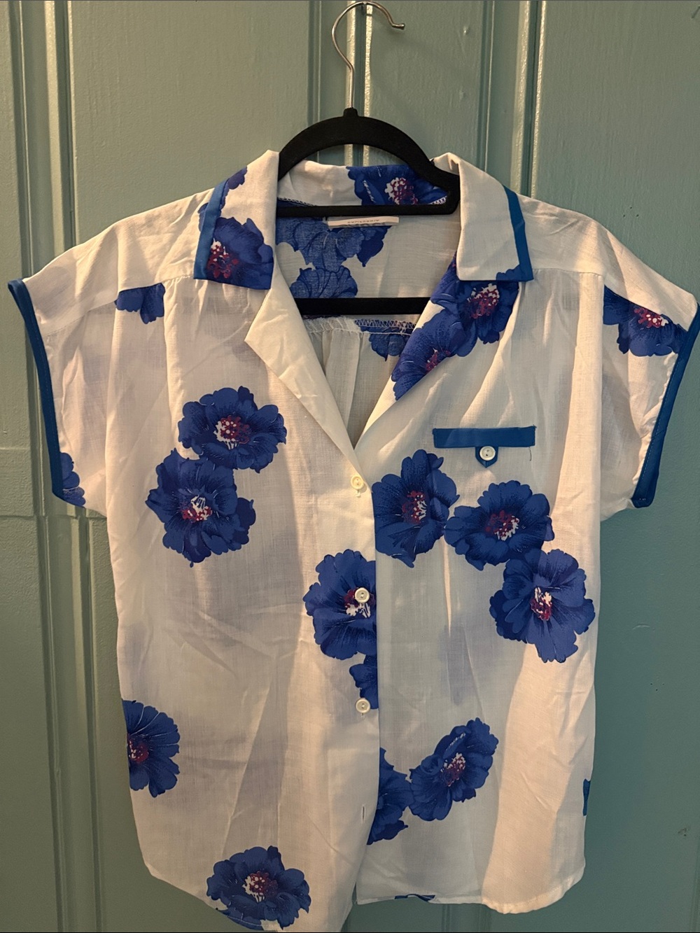Vintage 70s never worn Sauci cotton button up blouse with blue flowers